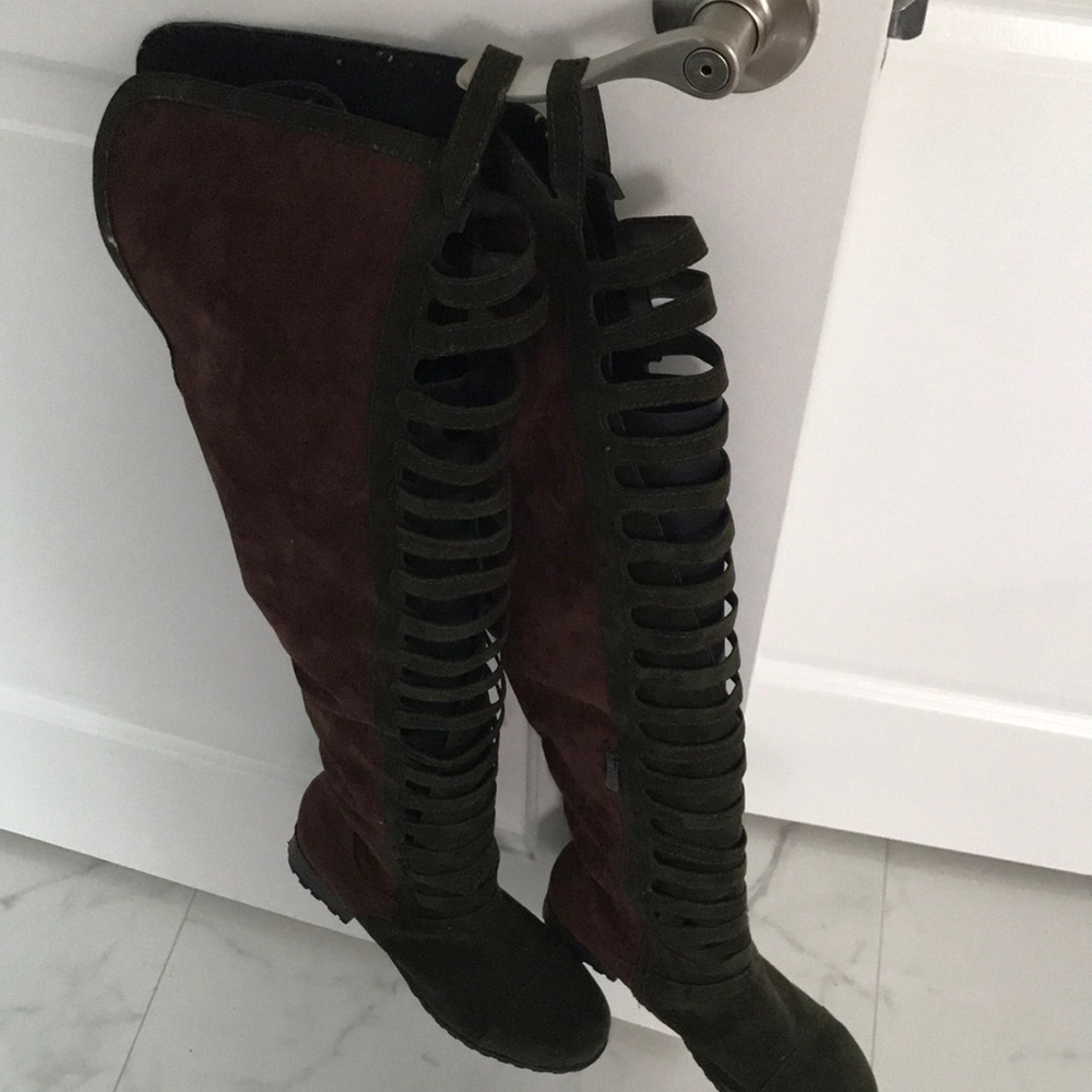 Brown and Hunter green over the knee boots